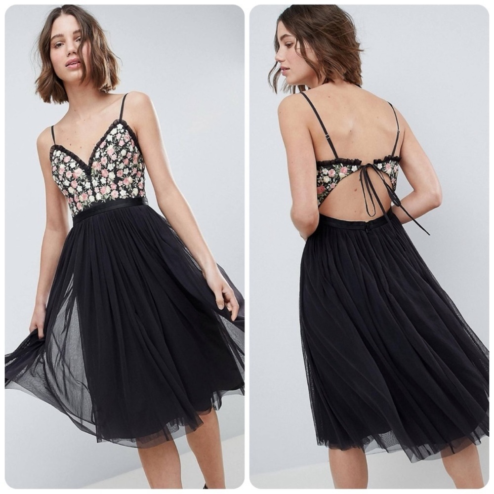 Needle & Thread Dappled MIDI Dress Floral Embroidered Black Tulle​